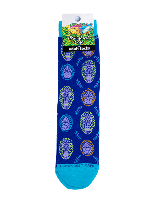 blue socks with light blue hole border and toes tip. Faces of gorilla and orangutans prints.