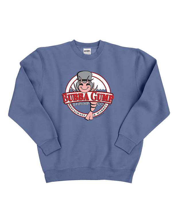 Blue sweatshirt featuring the Bubba Gump Shrimp Co. logo, depicting a cheerful shrimp and bold red lettering.