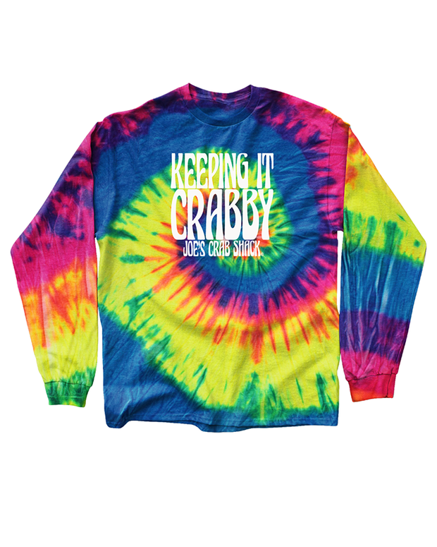 Tie dye long sleeve shirt with words on chest reading "keeping it crabby. Joes crab shack".