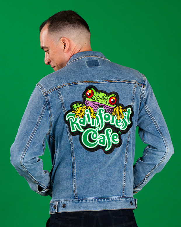 back view of denim jacket on male model