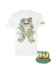 A white t-shirt with a vibrant illustration celebrating the 30th anniversary of Rainforest Cafe. The central figure is a large green frog, surrounded by various smaller animals. Below the design, the text reads ‘30 WILD YEARS! Rainforest Cafe’ with a tree frog sticking out the 0
