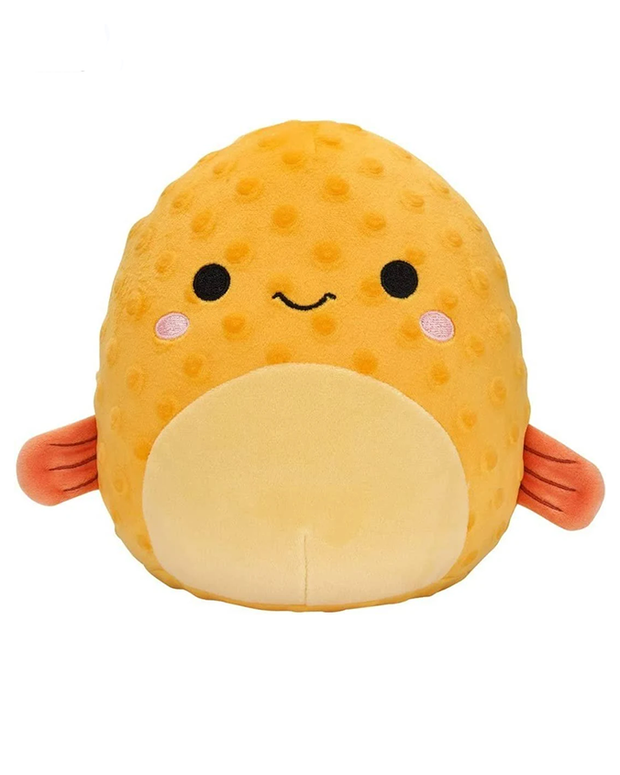 Dark Yellow pufferfish plush with orange fins and light pink cheek accents