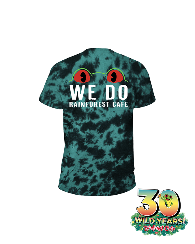 back of shirt shows an outline of frog eyes over white wording "we do. rainforest cafe".
