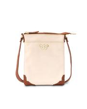 cream-colored crossbody bag with a brown bottom corner, front pocket and strap. The bag features a gold zipper and a distinctive gold emblem resembling of King Ranch logo.