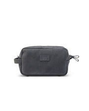 Grey leather dopp kit with King Ranch branding in front of white background.