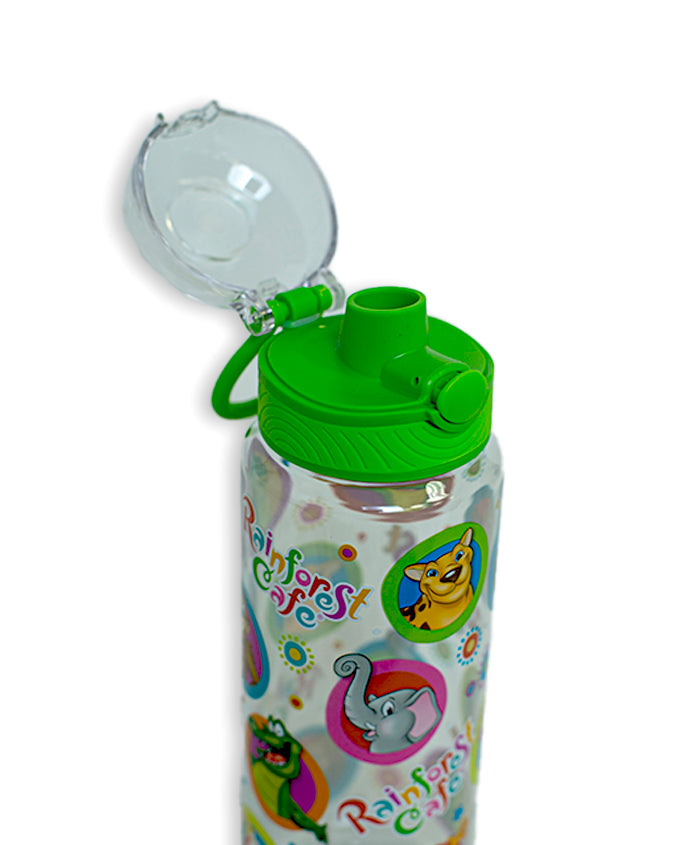 Opened clear and green push-button lid.