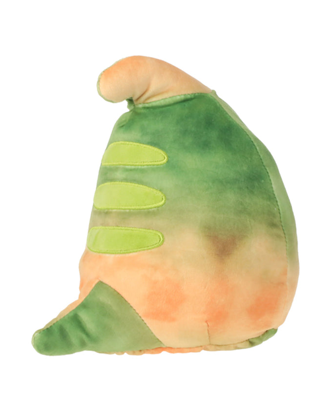 Side view of Marisa the Parasaurolophus with green horizontal stripes down the spine and a cute tail.
