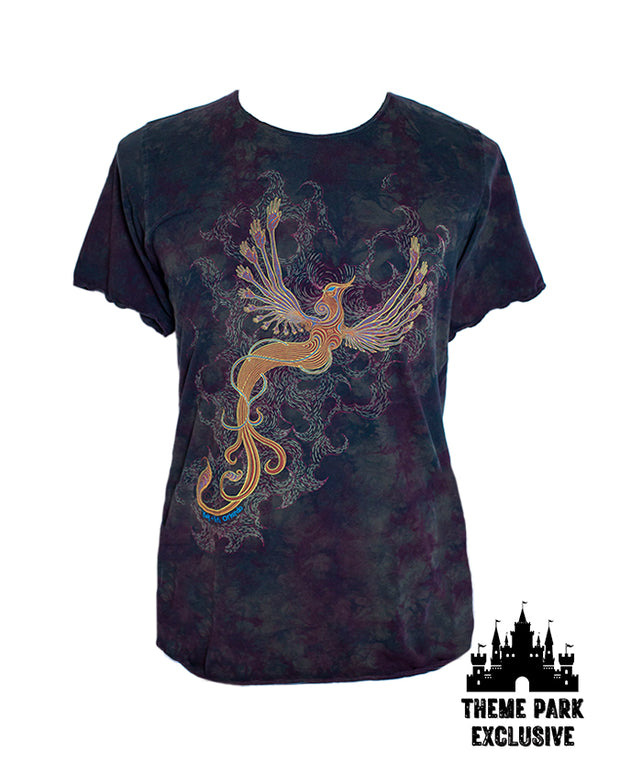 Tie dye purple tunic with multicolored earth tone Phoenix design in center, as well as black Disney castle "Theme Park Exclusive" tag.