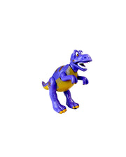 Purple and yellow Dexter the T-Rex in front of white background.