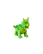 Side view of Trixie the Triceratops in front of white background.