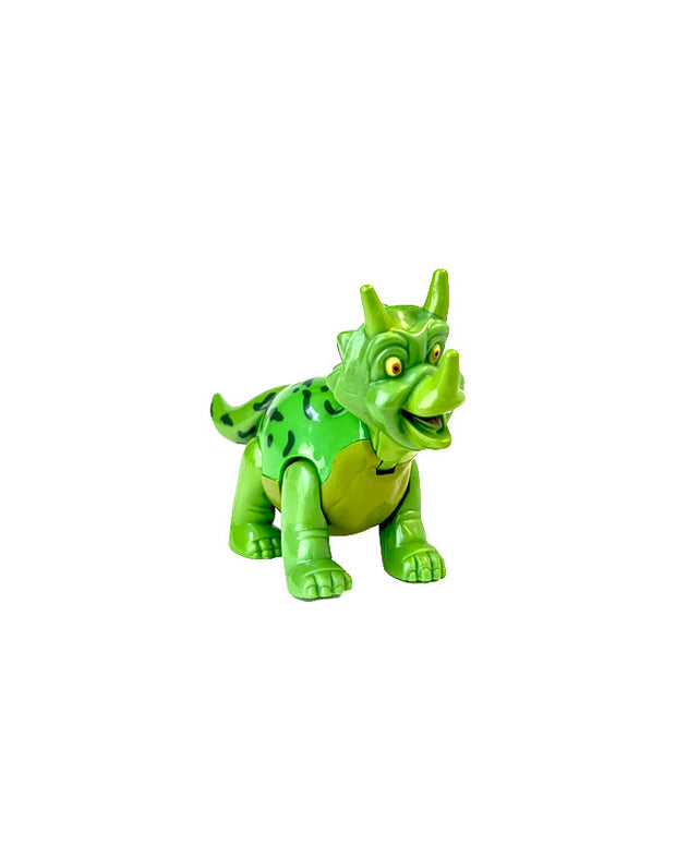 Side view of Trixie the Triceratops in front of white background.